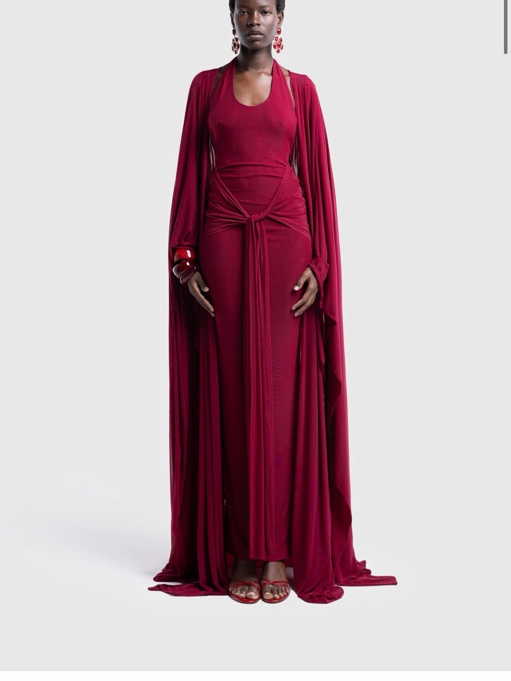 BBX BRAND Naomi open back dress with Aluya mesh cape-deep cherry